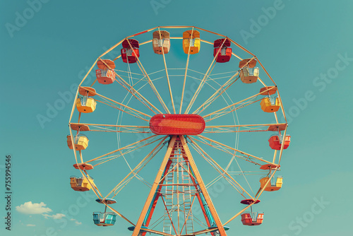 Ferris wheel against blue sky with vibrant colored cabins