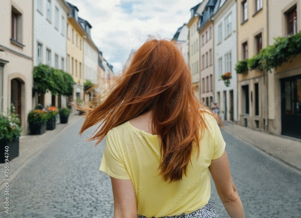 Rear view of a happy female traveller running in the streets of Luxembourg.