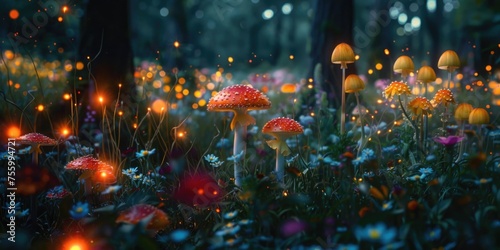 A group of mushrooms growing in a field of colorful flowers. Perfect for nature and botanical themes. © Fotograf