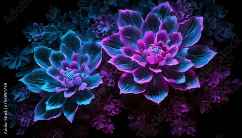 Creative abstract neon background, 3D neon flowers in bloom against black background  #755994739