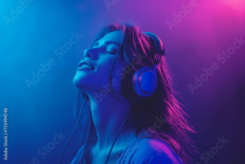 Blissful Young Woman Enjoying Music with Neon Lights Background with Copy Space