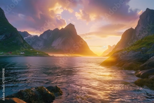 A picturesque sunset scene over mountains and water. Ideal for travel and nature concepts.