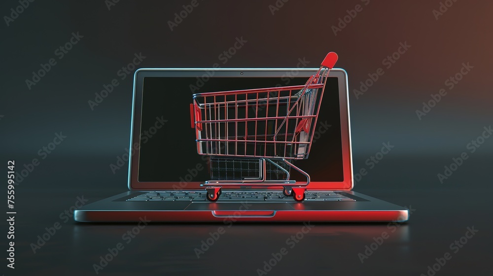 A trolley on top of a laptop computer for online shopping concept, e-commerce business and marketing background. 3d render illustration.,generative ai,
