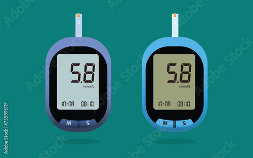 Glucometer. Medical Equipment for diabetes diagnosis. Blood glucose meter level test. Checking blood sugar level by glucometer and test stripe at home. Vector illustration.