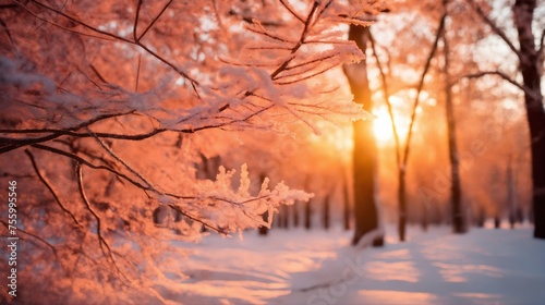beautiful winter landscape, snow covered branches in forest at sunset, sunlight and beautiful nature