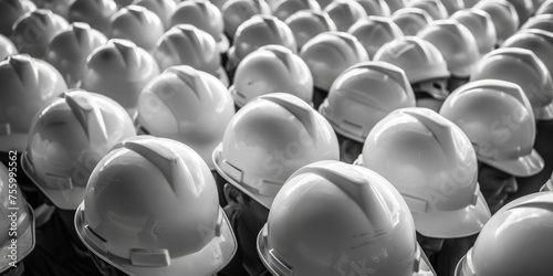 A collection of hard hats on a table  suitable for construction themes.