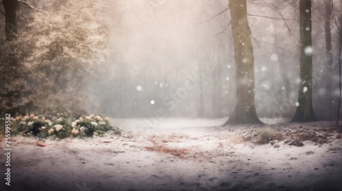 beautiful winter landscape, snow covered forest in a morning haze, beautiful nature