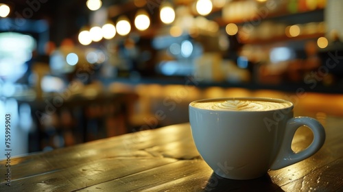 A cup of coffee on a wooden table  perfect for coffee shop or cafe promotions.