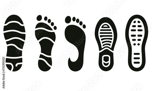 Human footprints icon set. Foot imprint, footsteps flat line black vector collection isolated on transparent background. Human footprints silhouette. Barefoot, sneaker and footstep for web and app photo