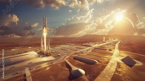 Spaceport launch site with reusable rockets and satellite deployment technology photo