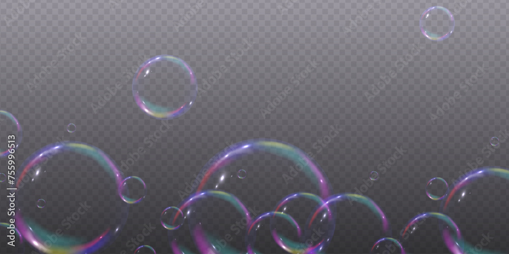Realistic 3d soap bubbles with rainbow reflection. Bubbles are located on a transparent background. Vector flying soap bubble. Bubble Transparent realistic Water glass bubble