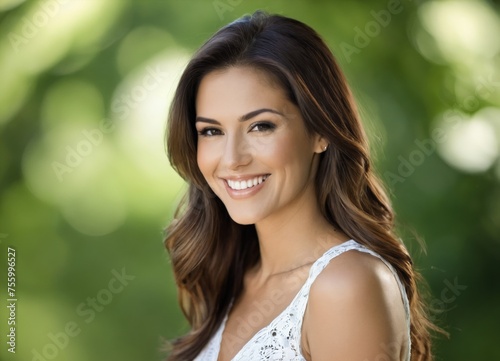 close-up portrait a woman with long hair smiling for a picture in the park, blurry background, bokeh