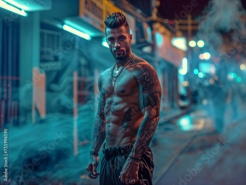 Young male gang member on the alley streets of Brazil, A shirtless man with tattoos stands in a smoky place with pink and blue lighting.