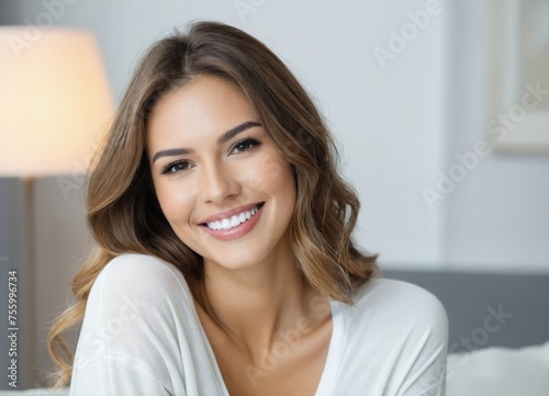 a woman with blonde hair smiling at the camera with a white smile. Dental hygiene 