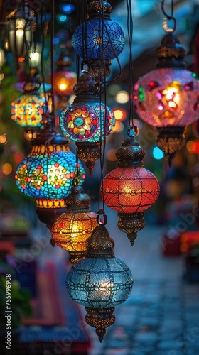 Islamic colorful lanterns on the street for Eid Ramadan banner poster design © Sanuar_husen