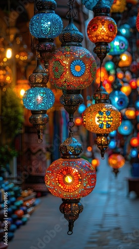 Islamic colorful lanterns on the street for Eid Ramadan banner poster design