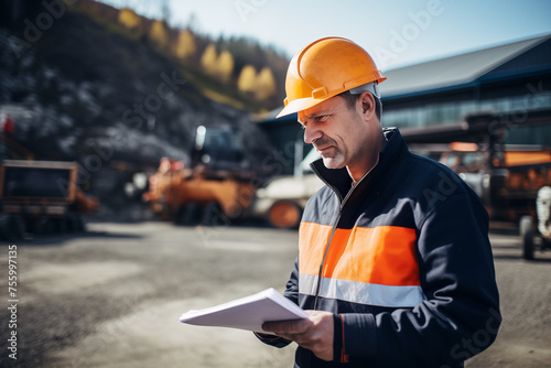 Senior Construction Worker at Site - Senior construction worker in a hard hat and safety vest standing at a construction site with heavy machinery in the background. Ideal for themes of experience, in