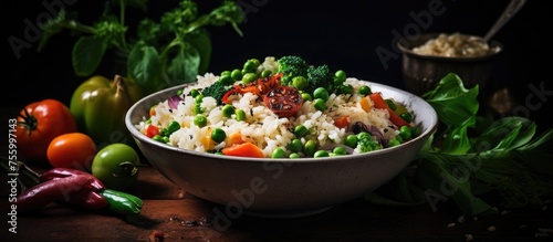 A dish of rice and mixed vegetables served in a ceramic bowl on a rustic wooden table, showcasing a healthy and colorful plantbased meal