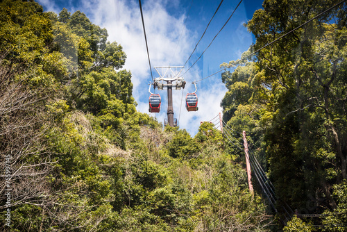 Cablecar in mountains. Ropeway over forest. Summer tourist attraction. photo