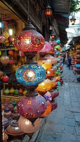 Islamic colorful lanterns on the street for Eid Ramadan banner poster design