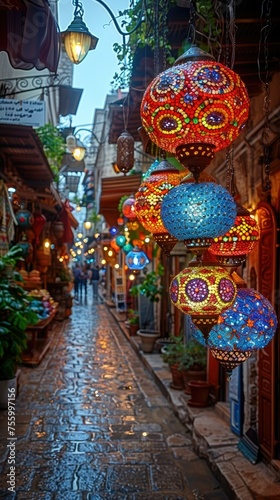 Islamic colorful lanterns on the street for Eid Ramadan banner poster design © Sanuar_husen