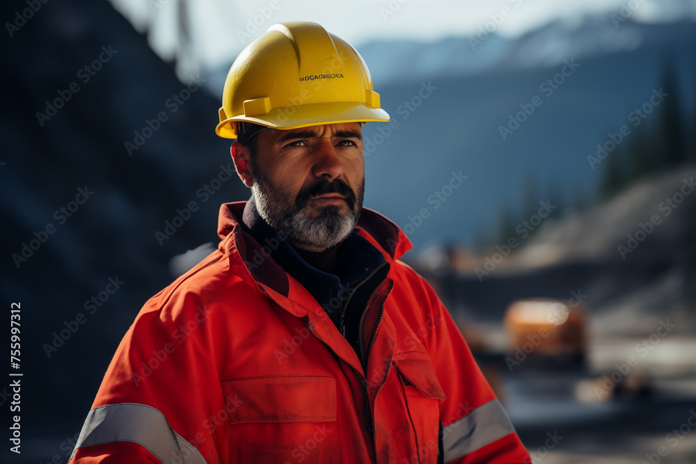 Construction Worker in Orange Jacket and Yellow Helmet in Mountainous Area Construction Worker in Orange Jacket and Yellow Helmet in Mountainous Area