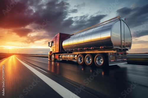 Big metal fuel tanker truck transporting fuel to oil refinery under fiery sunset sky