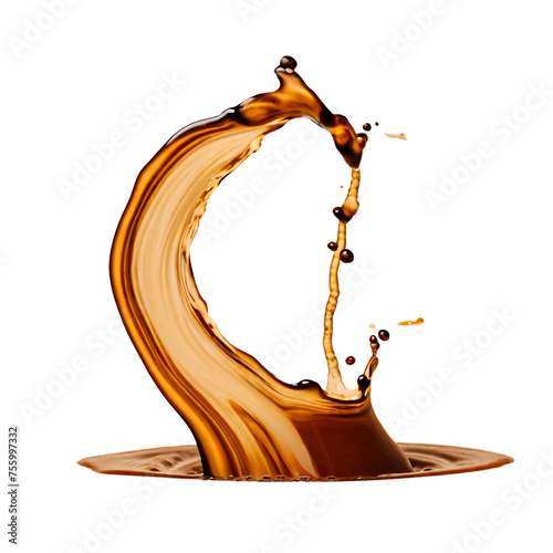 Brown creamy coffee liquid is poured and spread. Isolated on clear png background. Flowing fluid elements in wave form. Ready for Generative Ai.
