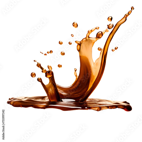 Brown creamy coffee liquid is poured and spread. Isolated on clear png background. Flowing fluid elements in wave form. Ready for Generative Ai.