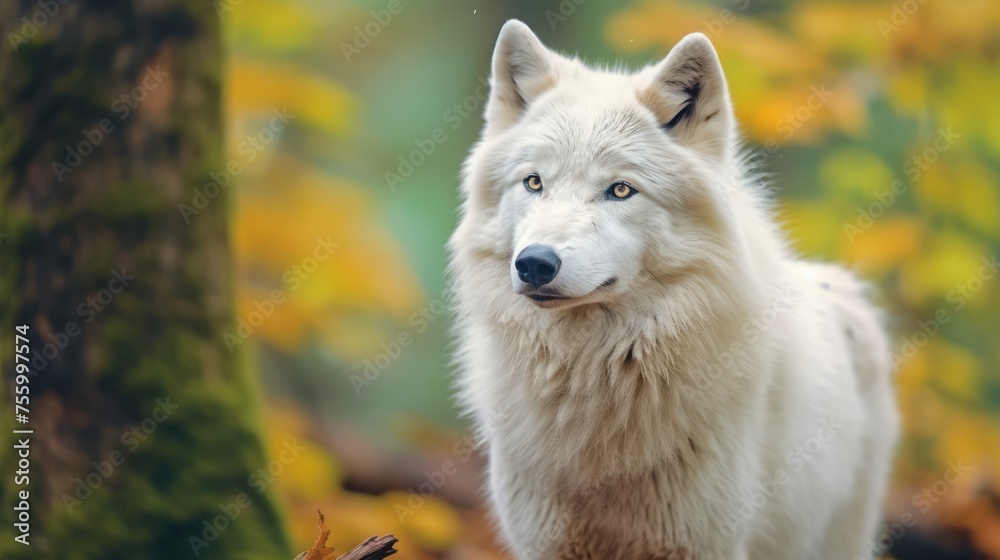 close up photo white wolf with forest background