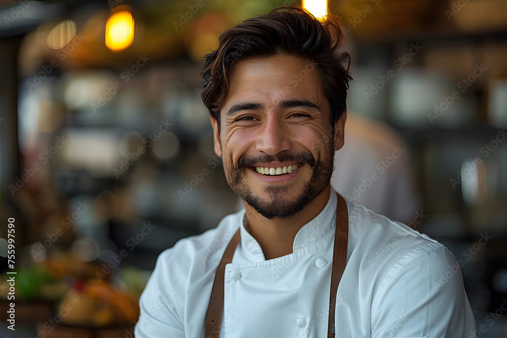 Smiling young Hispanic chef standing in the kitchen of a luxury restaurant, space for text Smiling young Hispanic chef standing in the kitchen of a luxury restaurant, space for text