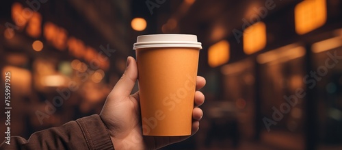 The person is holding a cup of liquid in their hand, possibly a pint of coffee. It is not beer or glutenfree beer, but a warm beverage to enjoy at the event photo