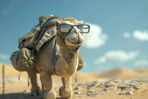 Camel equipped with travel gear in the desert  exploration and adventure concept 