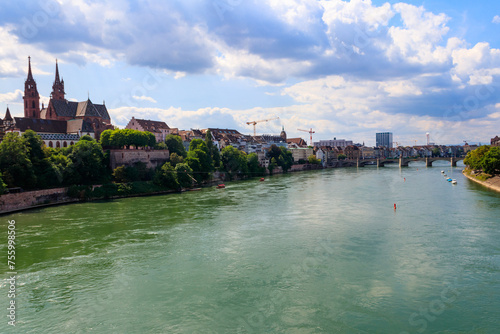 Beautiful panoramic view of Basel city and the Rhine river in Switzerland © olyasolodenko