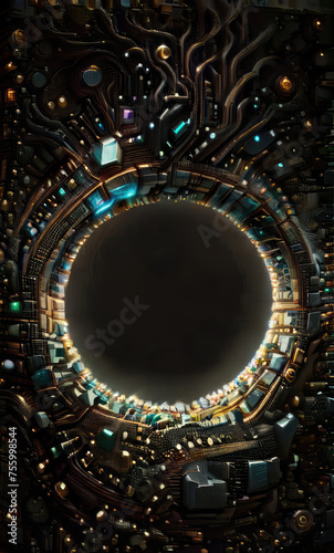 Technological round black decorative frame in the form of electronic components on a black background. Illustration