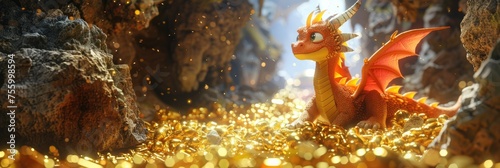 Dragon hoarding gold in a cave, a fantastical depiction of wealth and mythical treasure-guarding creatures 