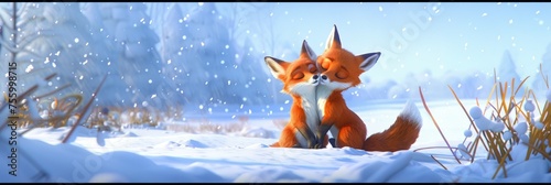 Two foxes in a snowy landscape, showcasing affection and survival in the winter wilderness 