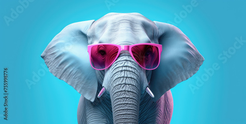 A photorealistic fantasy illustration of an elegant and emotive elephant wearing sunglasses, perfect for striking and sophisticated advertising art.