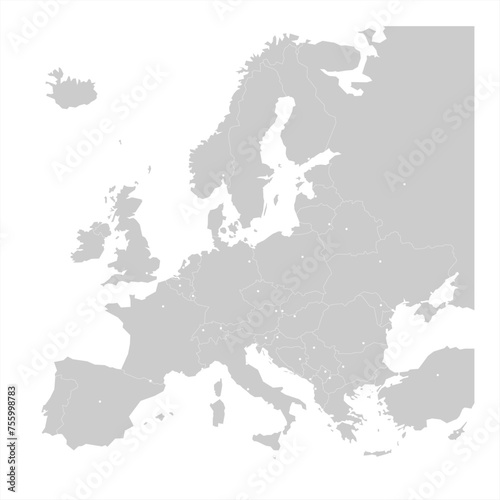 Political map of Europe. Blue colored blank vector map with capital cities of european countries.