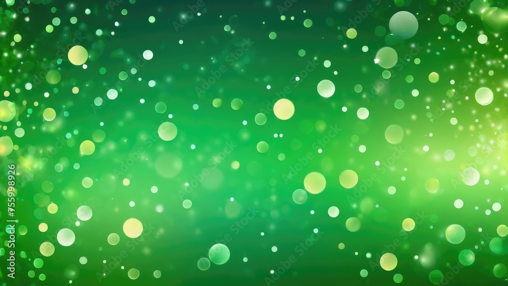 Circle bokeh effect, smooth gradient of soft greens, blurred background, shimmering blurry light particles, texture implying festivity, ideal for Christmas, New Year, or birthday visuals