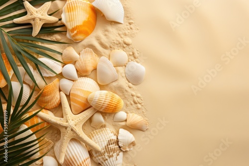 Seashells, starfish and palm leaves on beige sand background. Summer vacation on beach, travel and holiday concept for card or banner. Flat lay, top view with copy space 