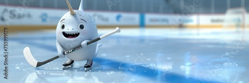 A cute white ice skating mascot playing hockey