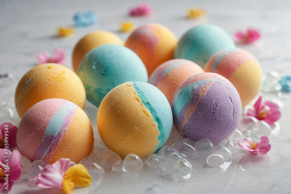 A beautiful bright image, multi-colored striped pastel bath bombs and flowers lie on a light surface. Self care, spa, handmade.