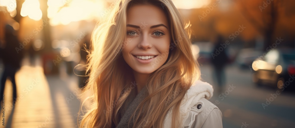 A happy blond woman with layered hair and brown hair is smiling as she walks down the street. She is wearing fur eyelashes and appears to be enjoying the event with a sense of fun and excitement - obrazy, fototapety, plakaty 