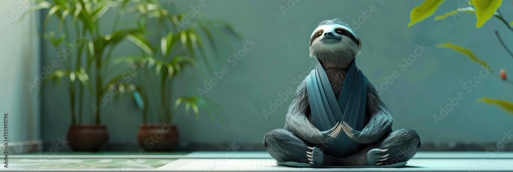 A sloth dressed in blue yoga attire, seated on the floor of an indoor studio with bamboo plants and concrete walls, - obrazy, fototapety, plakaty 