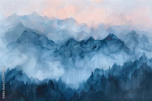 Mountain range in blue and pink watercolors