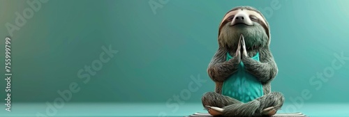 A sloth doing yoga, with a teal background photo