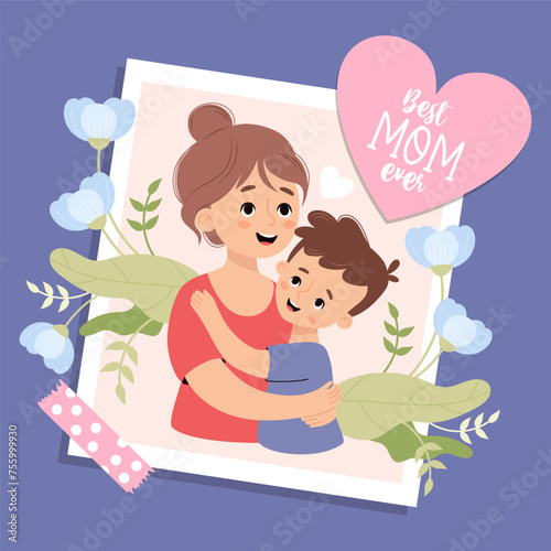 Cute photograph from happy woman mother with her son. Holiday postcard Mother's confession and congratulations. Vector illustration