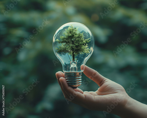 Innovative concept of a tree growing inside a light bulb held in hands, symbolizing sustainable energy, eco-friendly solutions, and environmental conservation