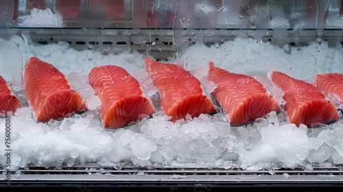 pieces of red fish on ice cubes photo